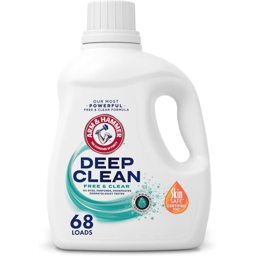 ARM & HAMMER Deep Clean Free & Clear Liquid Laundry Detergent, Free of Dyes, Perfumes and Phosphates, Suitable for Sensitive Skin, Dermatologist Tested, 102 Fl Oz, 68 Loads