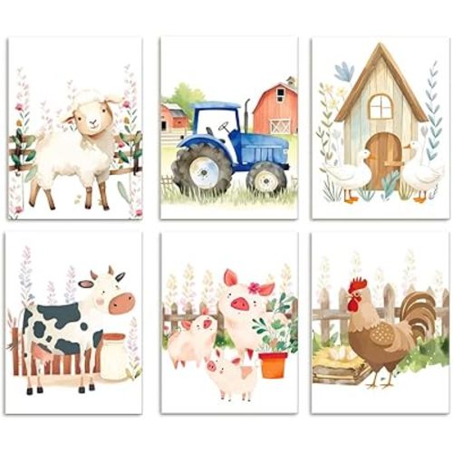 DOODLREAM 6 Pack Cartoon Farm Animals Unframed Waterproof Canvas Wall Art Decor, Sheep Pig Cow Chicken Duck 12" x 16" Canvas Wall Poster for Home Kindergarten Bedrooms Farmhouse Nursery Decor