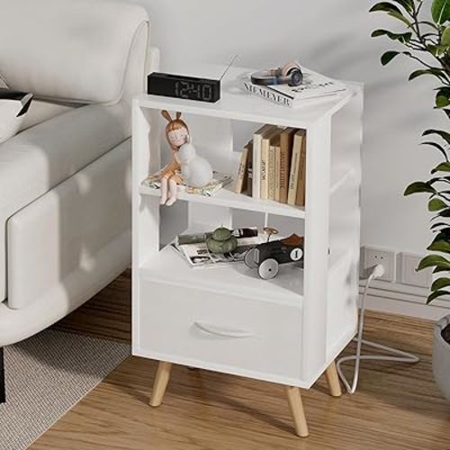 Night Stand with Charging Station, White Nightstand with Drawer, 3-Tier Wooden Bedside Table with USB Ports and Outlets, End Table for Small Space, Living Room, Bedroom