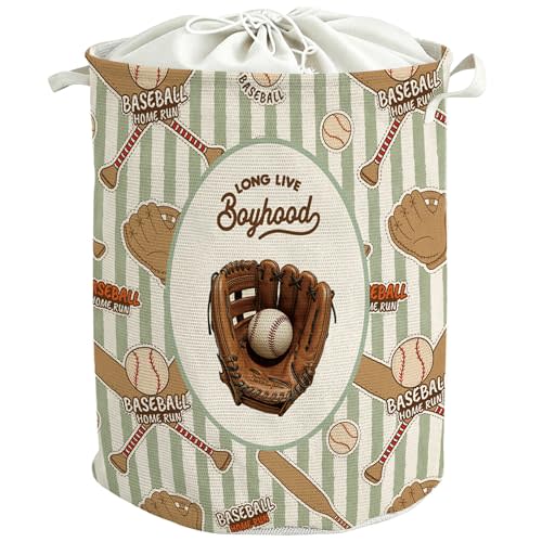 Baseball Laundry Basket, Sports Nursery Laundry Basket Hamper, Long Live Boyhood Retro Baseball Gloves Waterproof Storage Bin Toy Box Organizer for Bedroom Bathroom Boys Room Clothes Toys