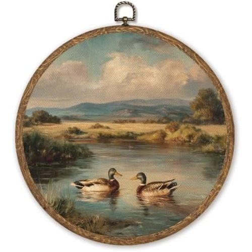 Farmhouse Wild Duck Wall Art Decor, Vintage Mallard Lake Landscape Round Hanging Artwork, Rustic Animal Prints for Living Room Kitchen Cabin Home, 10 Inch Round Wall Hanging Decor (Begei-wild duck01)