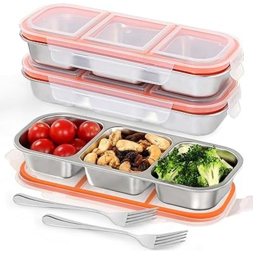 3 Pack Leakproof Stainless Steel Snack Containers with Lids, Reusable 3 Compartment Lunch Container, Stackable Snack Bento Box for Work, Travel & Picnic