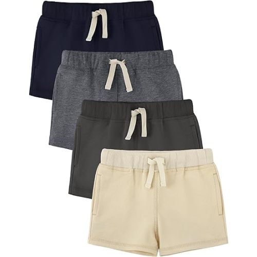 HoeVou Baby Boys Shorts 4-Pack 0-24M | Cotton Knit Pull-On with Adjustable Drawstring Waist & Pockets, Summer Playwear