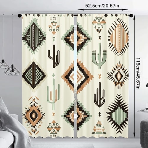 2pcs Cactus Fiesta Pattern Door Curtains - Polyester, Beige with Colorful Geometric Designs, Semi-Transparent, Machine Washable for Bedroom, Playroom, Living Room Decor, Curtains for Living Room