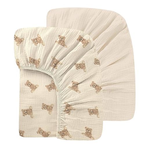 100% Organic Cotton 2 Pack 52x28 Inches Muslin Crib Sheets Fitted Crib Mattress Sheet for Baby Girls & Boys, Soft Boho Neutral Toddler Bed Sheets Fits Well Standard Size Crib Mattress 28x52 Inches