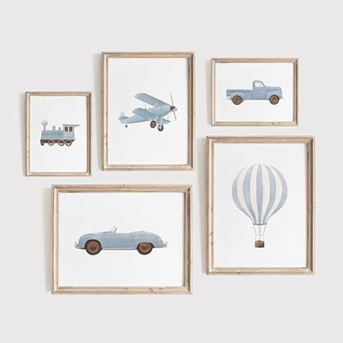 Blue Car Wall Art Decor Boys Room Canvas Poster Vintage Train Transportation Wall Art Watercolor Toddler Art Prints Blue Car Pictures Painting for Boy Bedroom Kids Nursery 8x10 Inch Unframed Set of 5