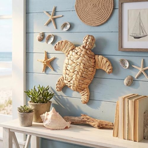Threehoney Turtle Beach Theme Decor 9.84 Inch Handmade Wicker Turtle Wall Decor Sea Life Hanging Wall Art Coastal Nautical Sculpture Table Decoration for Boho Bathroom Indoor Outdoor Ornament