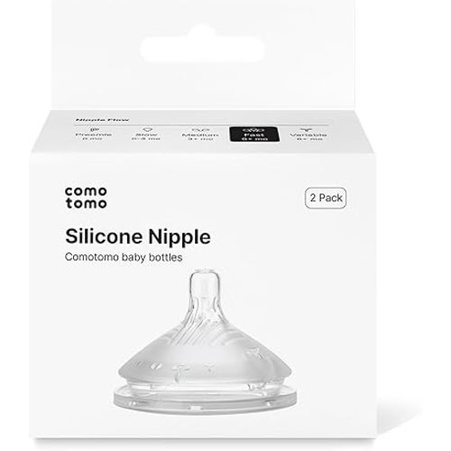 Comotomo Silicone Replacement Nipples for Baby Bottle Gen 2 (2026 Release) - Soft, Silicone Nipples with Dual Anti-Colic Vents Designed for Natural Latch (Pack of 2), Fast Flow (6+ Months)