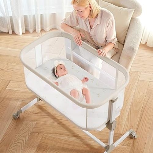 Beige Bedside Bassinet with Wheels, All Mesh Bedside Bassinet with Wheels, Adjustable Height Baby Beside Sleeper