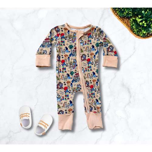 Heeler Blue Dog Gender Neutral Bamboo Fabric Two Way Zip Sleeper Fold Over Hand & Foot Cuffs, Romper