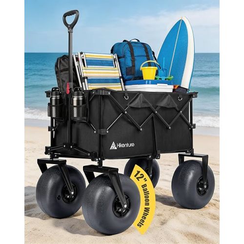 Hikenture Beach Wagon with 12" Balloon Wheels, Upgraded PU Tires Collapsible Wagon, 500lbs Heavy Duty Beach Cart for Sand, Large Capacity Foldable Utility Wagon for Family Outings