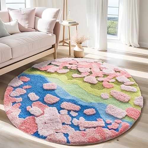 YIHOUSE Modern Round Area Rug, Grass Green Moss Aesthetic Rug for Bedroom Non-Slip Throw Shag Fluffy Carpet Washable Circle Rug for Kids Room Girls Baby Living Room Home Dorm Decor(Spring, 5x5Ft)