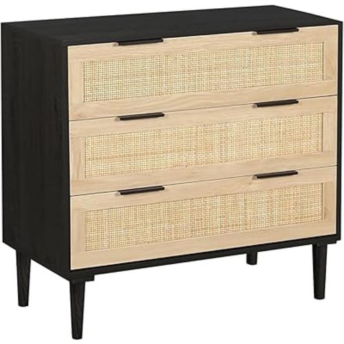 HOPUBUY 3 Drawer, Rattan Dresser Modern Closet Dressers Chest of Drawers, Wood Black Storage Chest for Kids, Hallway, Living Room