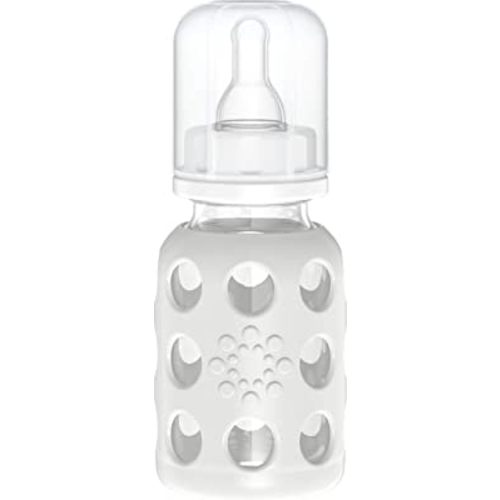 Lifefactory 4-Ounce BPA-Free Glass Baby Bottle with Stage 1 Nipple and Protective Silicone Sleeve, Stone Gray