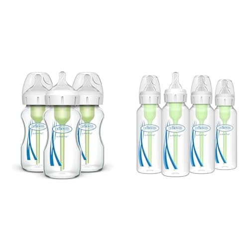 Dr. Brown's Natural Flow Anti-Colic Options+ Wide-Neck Glass Baby Bottles 9 oz/270 mL & Natural Flow® Anti-Colic Options+™ Narrow Baby Bottles 8 oz/250 mL, with Level 1 Slow Flow Nipple, 4 Pack, 0m+