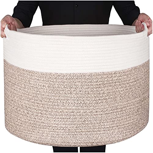 MINTWOOD Design Extra Large 22 x 14in Decorative Blanket Basket for Living Room, Laundry Basket, Woven Cotton Rope Basket, Dog Toy Storage Bin Baskets, Round Basket for Pillows Towels, Light Brown