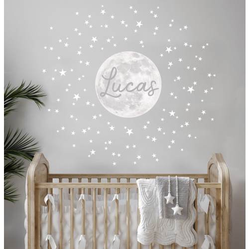 Personalised Moon and Stars Fabric Wall Stickers ~ custom name decal for baby and child