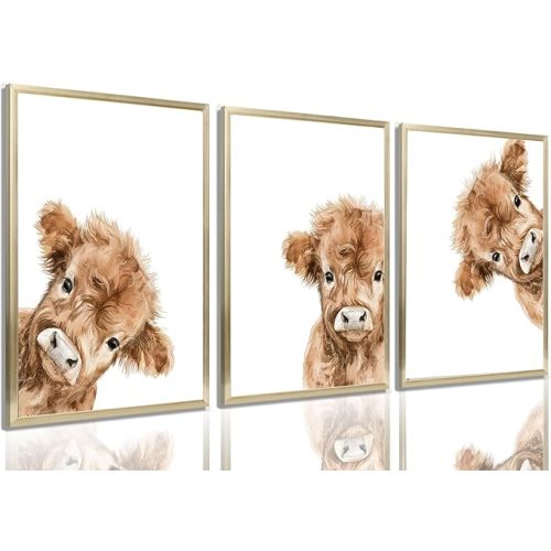 3Pcs Highland Cow Baby Canvas Wall Art Brown Peeping Highland Cattle Wall Decor Pictures Cute and Funny Animals Posters Prints for Nursery Children's Room Bathroom Artwork Home Decoration Unframed