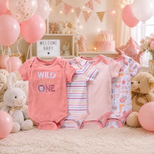 Baby Girl Cotton Romper Set of 4, Newborn Bodysuit Outfit Set, Soft Infant Clothing