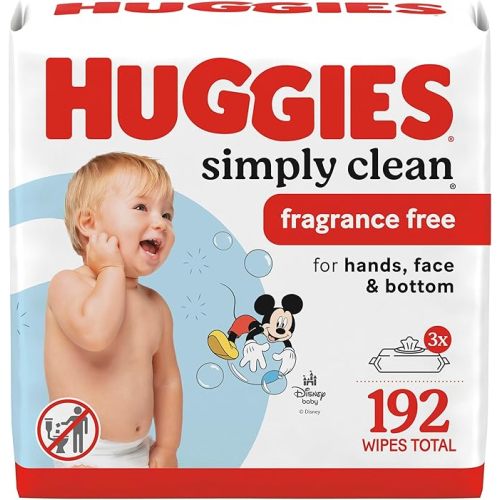 Huggies Simply Clean Unscented Baby Diaper Wipes, 3 Flip-Top Packs (192 Wipes Total), Packaging May Vary