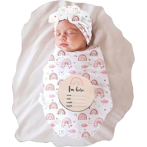Ylsteed Baby Swaddle Blanket and Headband Set, Newborn Receiving Blanket Swaddle Wrap for Girls and Boys, Swaddling Blankets Neutral for Newborn，Soft and Skin-Friendly 32 * 32 inches (Rainbow)