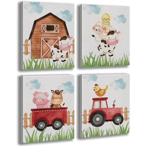 Watercolor Farmhouse Nursery Decor Canvas Wall Art Farm Cute Animal Chicken Cow Pig Wall Decor Artwork Poster Prints for Home Living Room Girls Boys Bedroom Classroom Decoration,4PCS,Framed,8x10IN