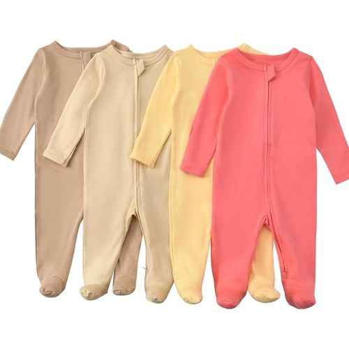 Aablexema Baby Pajamas with Mitten Cuffs Zipper 4-Pack Infant Newborn Cotton Long Sleeve Footie Outfit