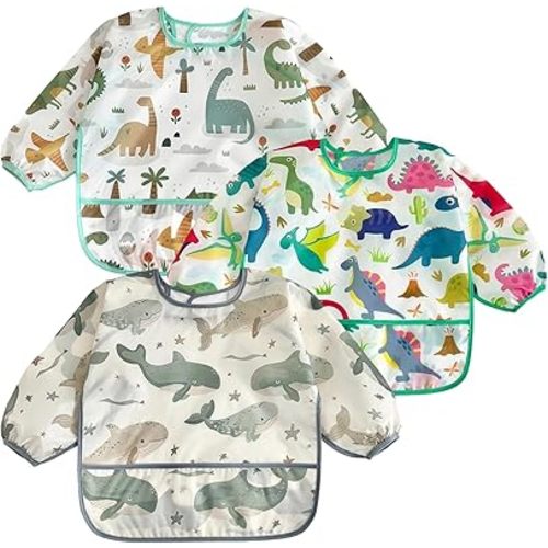 PandaEar 3 Pack Baby Long Sleeve Bibs | Waterproof Smock Bib for Eating | Toddler Sleeved Bib with Catch-all Pocket Essential Baby Stuff for 6-36 Months (Whale/Dinosaur)
