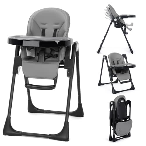 Kinder King Foldable High Chair for Babies and Toddlers, Reclining Seat | Baby Feeding High Chair with 6 Heights, Removable Double Tray, Space-Saving Compact Fold, 2 Built-in Wheels, Easy to Clean