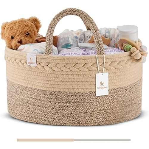Baby Diaper Caddy Organizer | Changing Table Organizer for Wipes and Diapers | Cotton Rope Diaper Organizer for Changing Table - Large | Newborn Essentials Must Haves for Parents - Sandy Beige