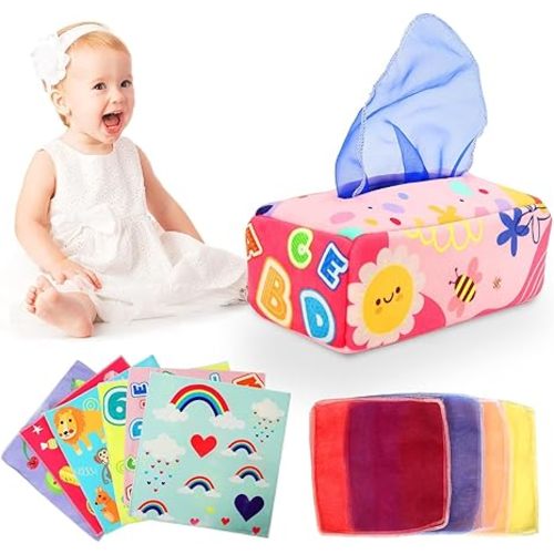 YOGINGO Baby Toys 6 to 12 Months - Tissue Box Toy Montessori for Babies 6-12 Months, Soft Stuffed High Contrast Crinkle Infant Sensory Toys, Boys&Girls Kids Early Learning Gifts