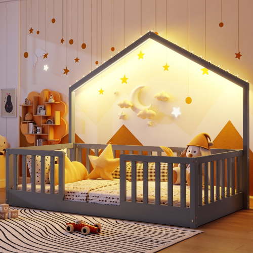 Twin Floor Bed with High Rails, Wooden Montessori Bed Frame with Single Color Light and House Shape Design, Low Profile Beds for Kids, twin bed frames Gray