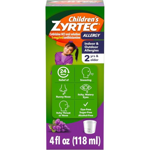 Children's Zyrtec 24 Hour Allergy Relief Syrup, 5 mg Cetirizine Hydrochloride Antihistamine, Kids Allergy Medicine for Indoor & Outdoor Allergy Relief, Dye- & Sugar-Free, Grape, 4 fl. oz