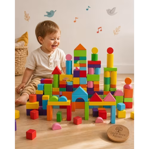 Montessori Wooden Blocks Set 50pc | Rainbow Stacking & Building Toy | Geometric Shapes | Toddler Gift