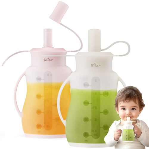 Bear Reusable Silicone Baby Food Pouches, 2 Pack Refillable Squeeze Pouch for Toddlers, Baby Food Containers Dishwasher&Freezer Safe | Make Homemade Organic Food for Babies, 5oz, 6m+