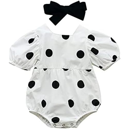 Infant Baby Toddler Girl Polka Dot Romper + Bow Headband, Short Sleeve Sweet Style Jumpsuit for Summer Clothing