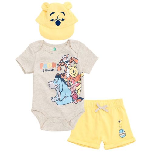 Disney Winnie the Pooh Infant Baby Boys Bodysuit, Shorts and Baseball Cap 3 Piece Outfit Set Oatmeal / Yellow 12 Months