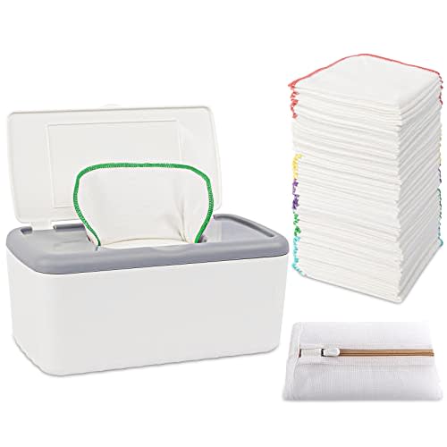 FAMOPLAY 54 Packs Flannel Cloth Baby Wipes with Dispenser, Reusable Natural Skin-Friendly Baby Wipes, Body Face Hand Washcloth Essential for Cloth Diapers 8x8 inch