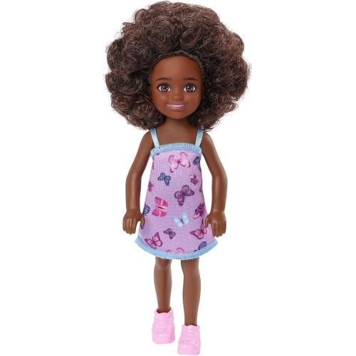 Barbie Chelsea Doll (Curly Brunette Hair) Wearing Butterfly-Print Dress and Pink Shoes, Toy for Kids Ages 3 Years Old & Up