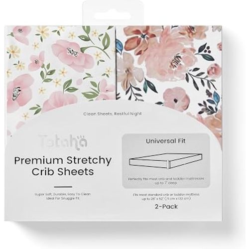 TotAha Premium Stretchy Crib Sheets (2-Pack)-Hypoallergenic, Silky Comfort, Buttery Soft, Calming Effect, All-Season Jersey-Knit Sheets, 9'' Extra Deep Pocket(Meredith Allover Floral & Pale Pink)