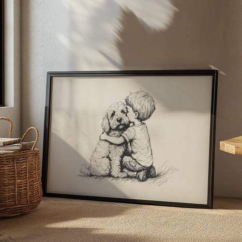 Goldendoodle and Boy Nursery Art, Puppy Kids Room Poster, Dog Baby Nursery Vintage Print, Puppy Painting, Dog Sketch, Boy Room Retro Drawing