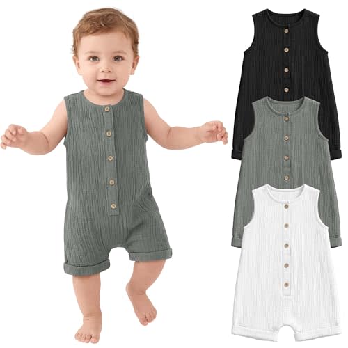 Halfchet 3 Pack Baby Boys Jumpsuit Cotton Newborn Romper Sleeveless Button Infant Playsuit Summer Outfit Clothes 0-24M