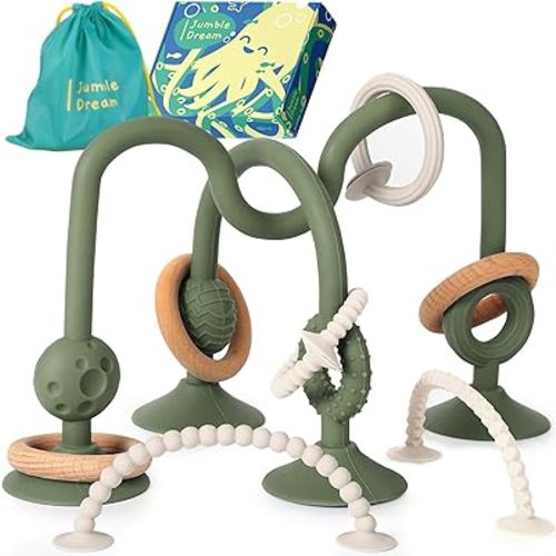Jumble Jangle Baby Teething Toys – BPA-Free, Multi Purpose High Chair Toys for Babies: Suction Teething Relief with Sensory Toy Textures for Infants and Toddlers 3–24+ Months (Green)