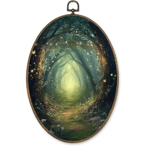LKETW Vintage Fantasy Forest Oval Wall Art Decor, Rustic Nature Enchanted Forest Oval Canvas Hanging Decor, Mystical Cottagecore Wall Decorations for Home Bedroom Living Room, 8.6x11.4 Inch