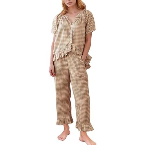 Flygo Womens Plaid 2 Piece Pajamas Sets Gingham Button Down Puff Sleeve Babydoll Shirt Ruffle Pants Y2K Pjs Lounge Set