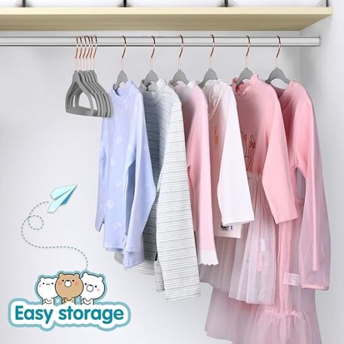 BAGAIL Kids Velvet Hangers 11” Inch Children's Clothes Hangers Non-Slip Baby Hangers for Infant/Toddler (Grey/Rose Gold,50pack)