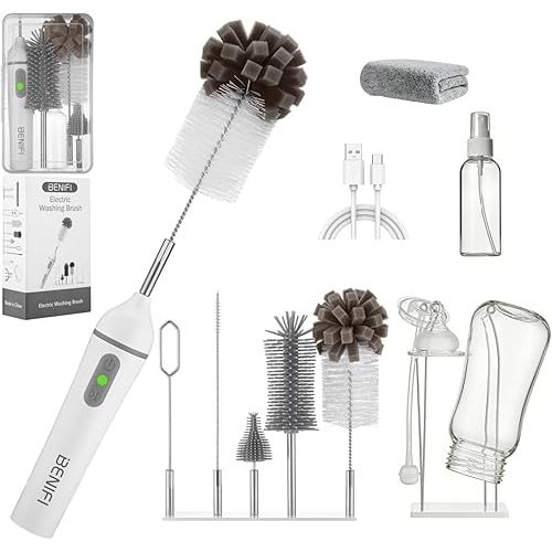 Electric Bottle Brush Cleaner with Bottle Drying Rack & Soap Dispenser, 12-in-1 Fully Waterproof Baby Bottle Brush Set with 5 Brush Heads, Storage Stand & Travel Case