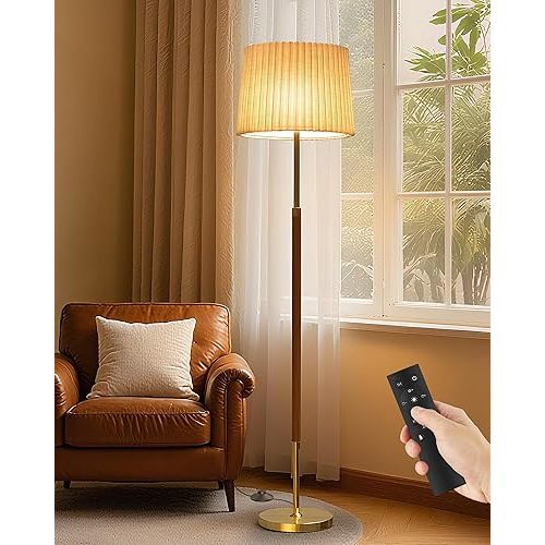 JOOFO Mid-Century Modern Wood Floor Lamp with Dual Fabric Shade, Remote Control, Dimmable & Adjustable Color Temperature, Reading & Living Room Lamp, Easy Clean Cover, Foot Switch