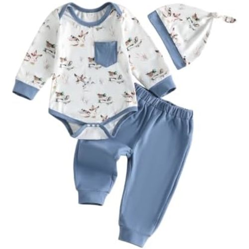 KMBANGI Newborn Baby Boy Hunting Outfit Mallard Duck Romper Pants Hat Fall