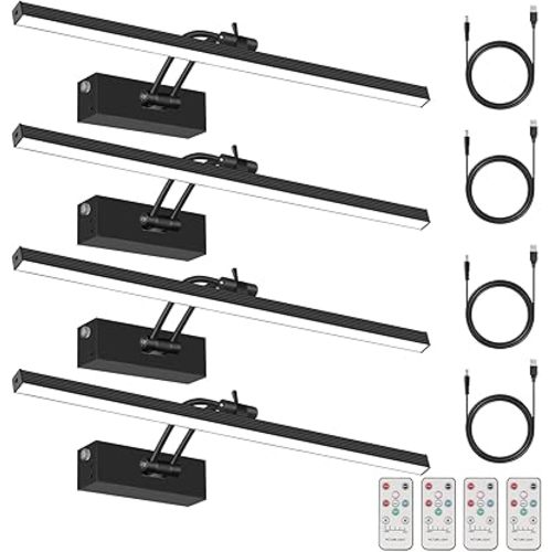 4Pack Rechargeable Picture Light, 5200mAh Black Battery Operated Picture Lights for Wall with Remote Control, 300LM 3000K Warm White Light 16" Metal Dimmable Picture Frame Light for Painting & Artwork